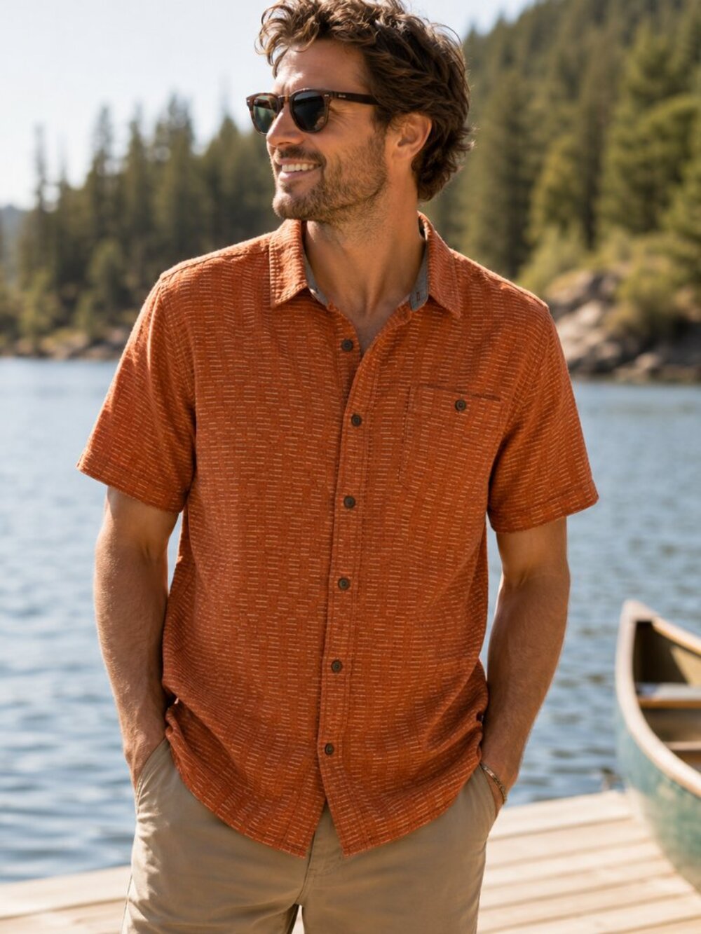 Toad&Co Harris SS Shirt XXL Rust Orange Organic Cotton Textured Button Up Casual